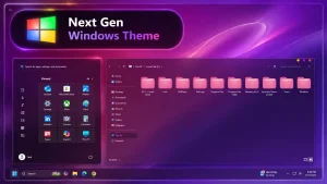 Next-Gen Windows 11 Theme with futuristic icons, taskbar, wallpaper, and modern desktop layout