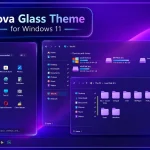 Nova Glass Theme for Windows 11 with modern icons, wallpaper, taskbar, and transparent interface elements