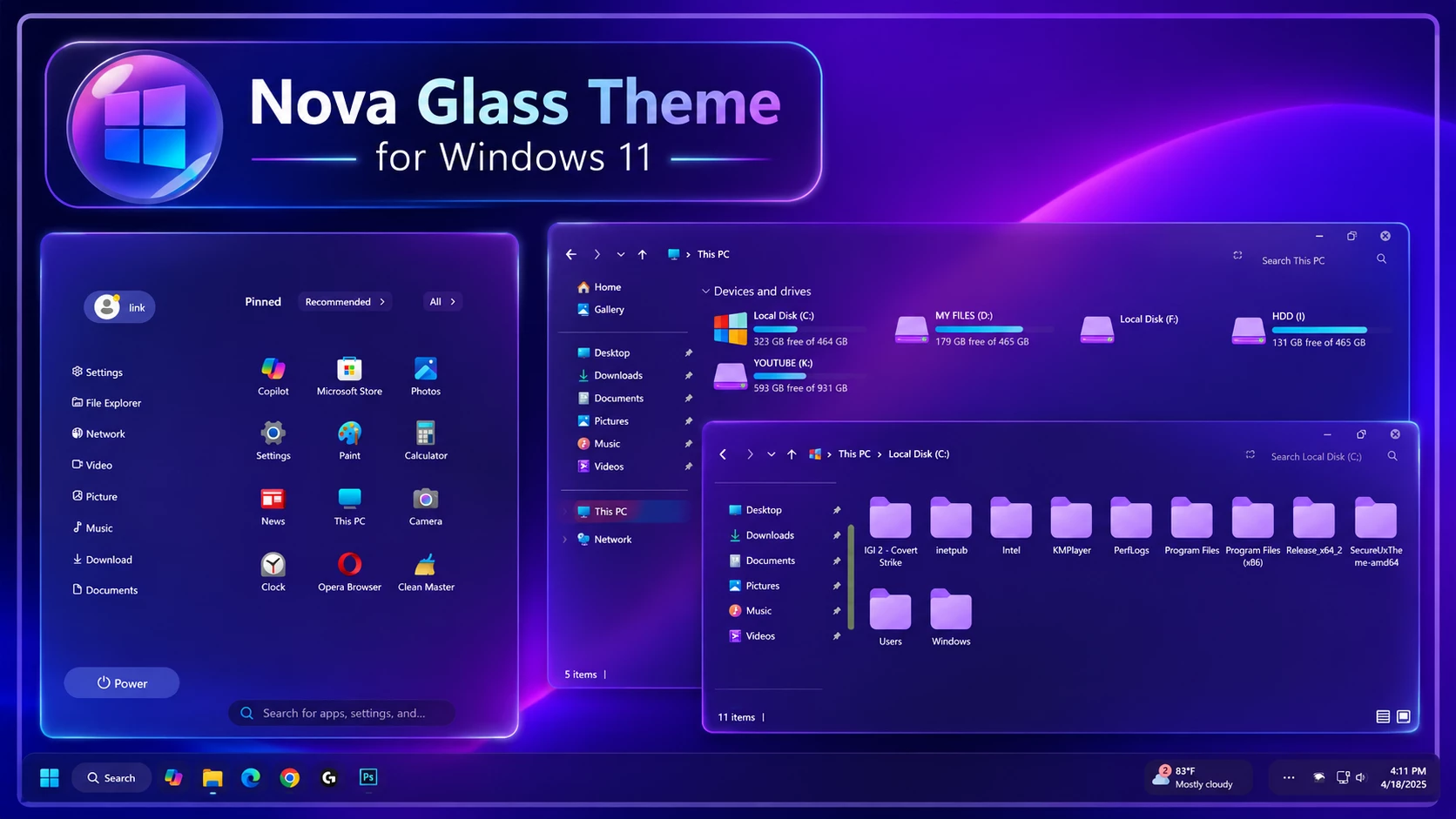 Nova Glass Theme for Windows 11 1 Nova Glass Theme for Windows 11 with modern icons, wallpaper, taskbar, and transparent interface elements