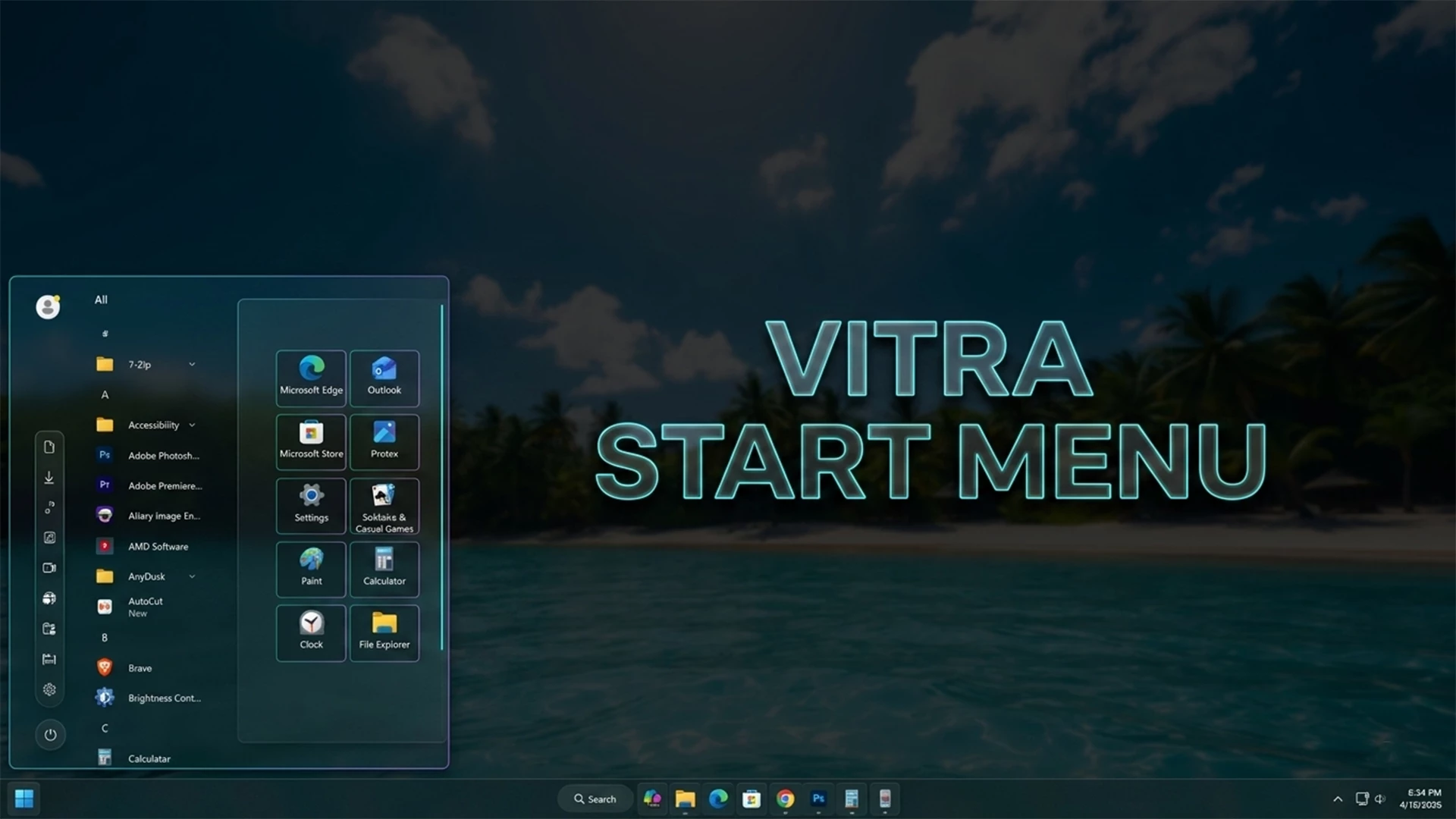 Vitra Start Menu Style for Windows 11 with transparent glass UI and Windhawk customization
