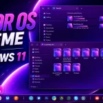 Color OS Theme For Windows 11 with vibrant purple neon interface, modern File Explorer design, glowing icons, stylish dock, and futuristic desktop customization setup.