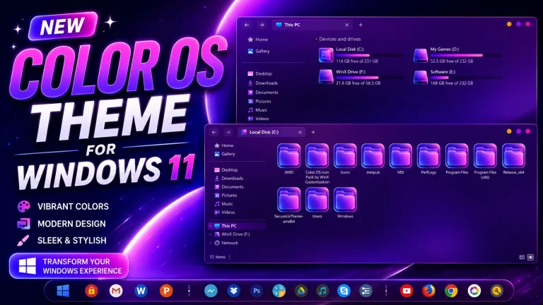 Color OS Theme For Windows 11 with vibrant purple neon interface, modern File Explorer design, glowing icons, stylish dock, and futuristic desktop customization setup.