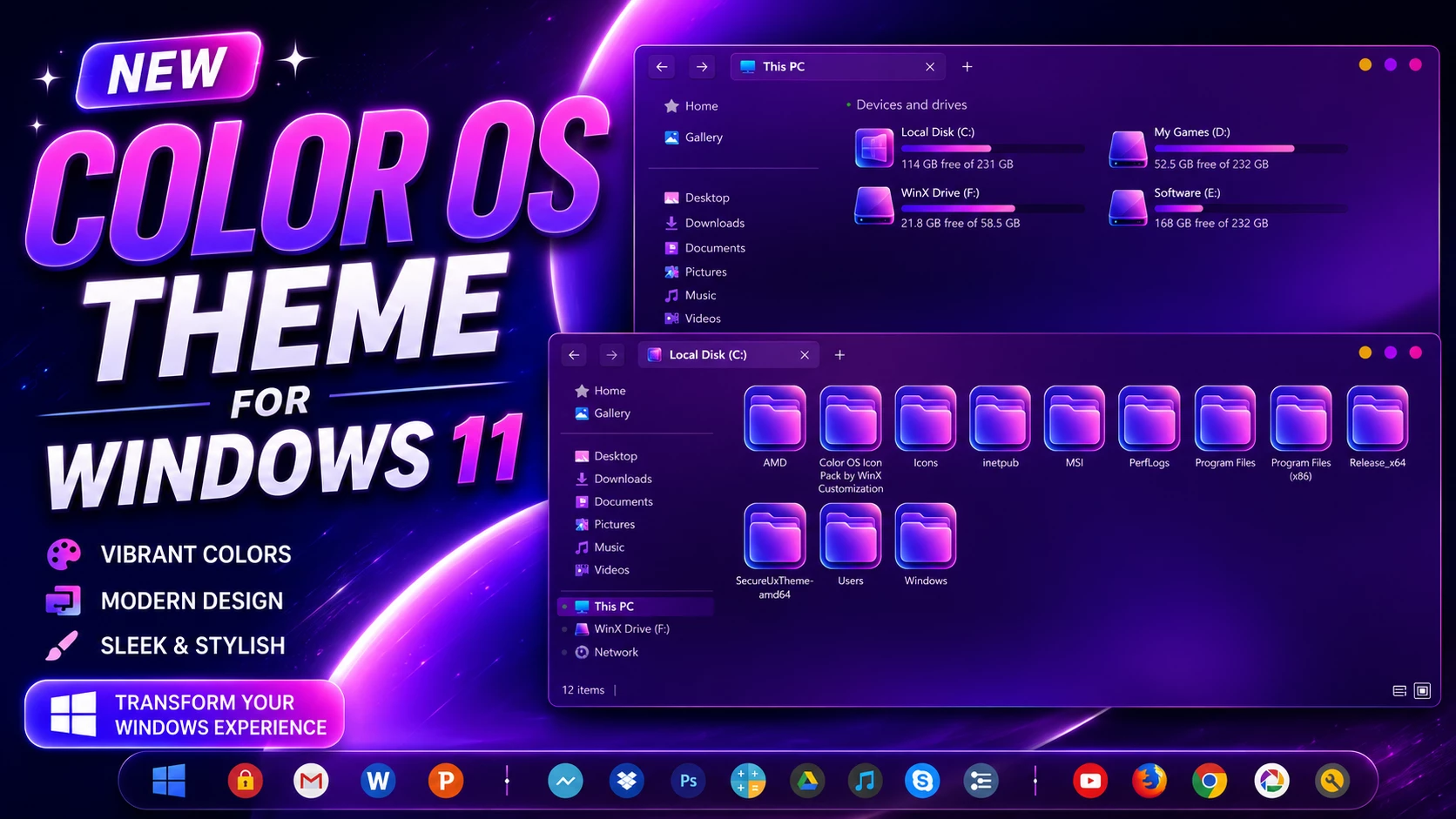 Color OS Theme For Windows 11 with vibrant purple neon interface, modern File Explorer design, glowing icons, stylish dock, and futuristic desktop customization setup.