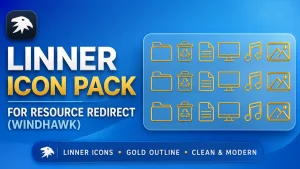 Linner Icon Pack for Windhawk Resource Redirect featuring elegant golden outline icons, dark glass File Explorer theme, custom Windows 11 folders, drives, and luxury desktop customization setup.