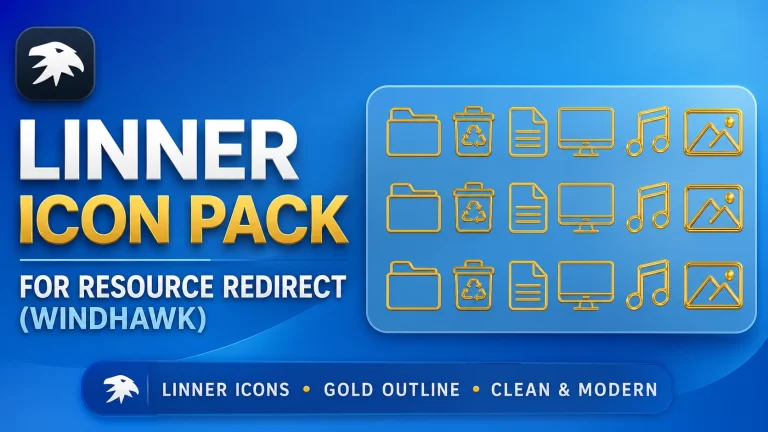 Linner Icon Pack for Windhawk Resource Redirect featuring elegant golden outline icons, dark glass File Explorer theme, custom Windows 11 folders, drives, and luxury desktop customization setup.