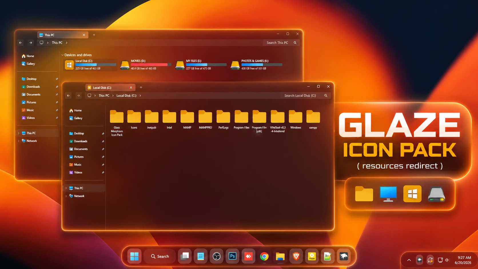 Glaze Icon Pack for Windhawk 1 Glaze icon pack for Windhawk Windows 11 desktop customization preview with modern folder icons and glassmorphism File Explorer theme
