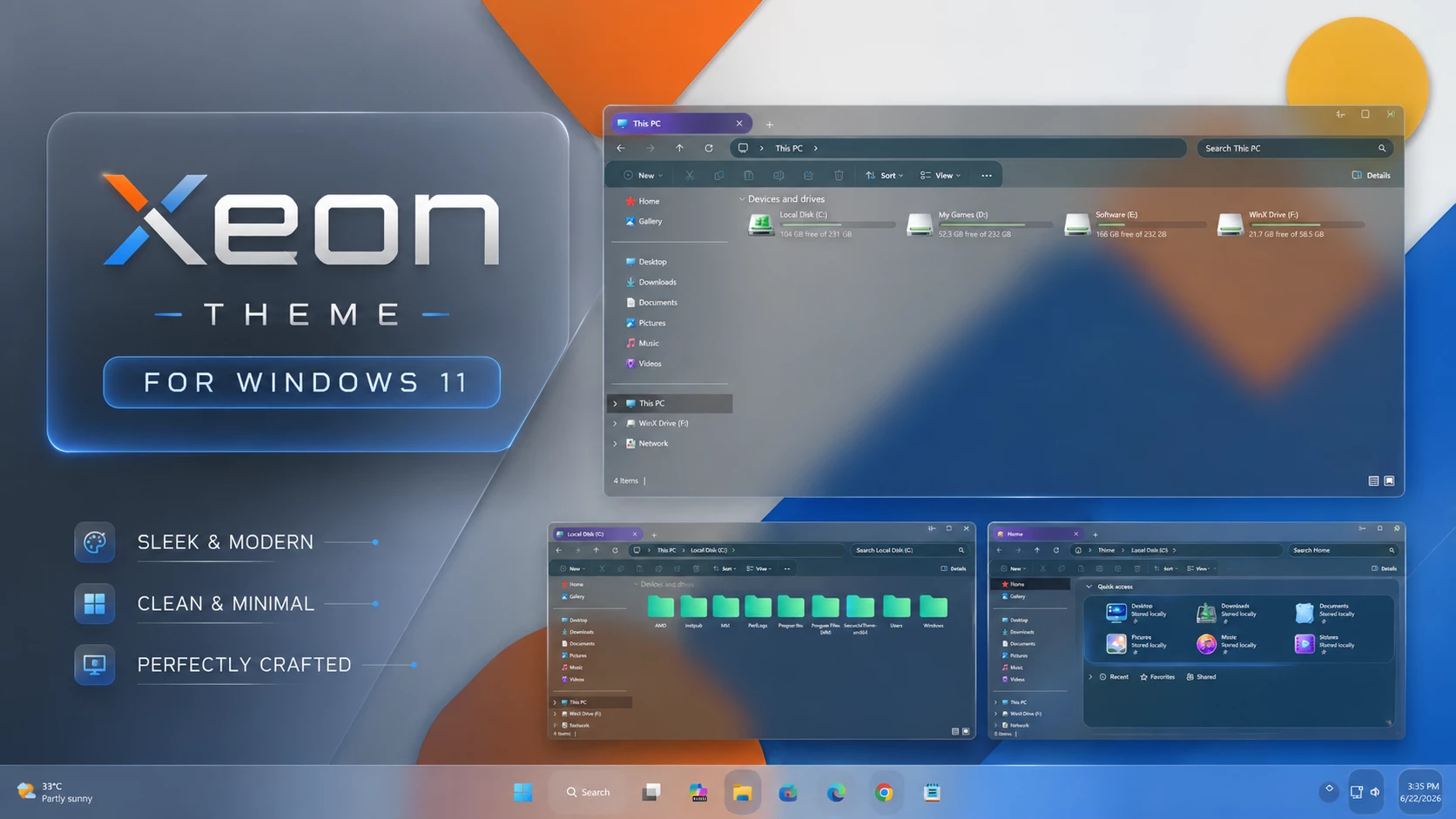 Xeon Theme For Windows 11 sleek modern desktop customization preview with clean file explorer and futuristic UI design