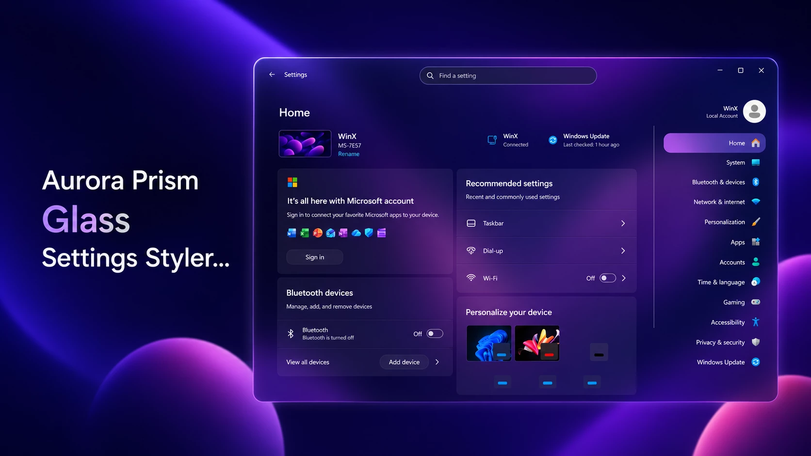 Aurora Prism Glass Settings Styler 1 Aurora Prism Glass Settings Styler showing a transparent purple Windows 11 Settings interface