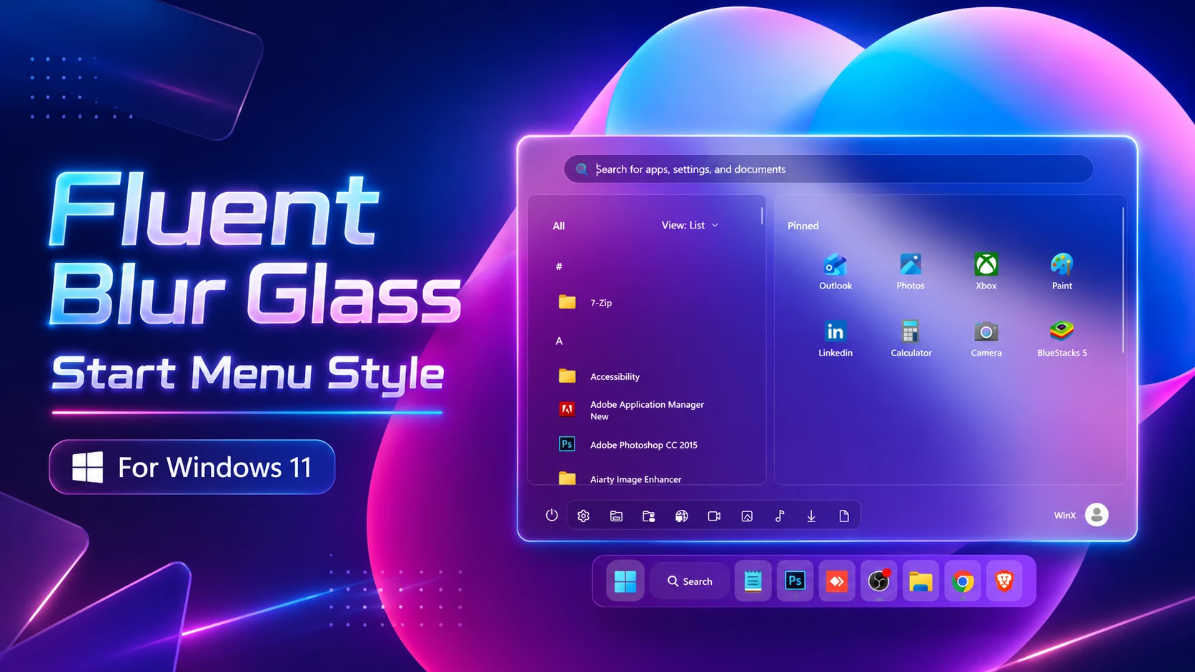 Fluent Blur Glass Start Menu Style For Windows 11 preview using Windhawk Start Menu Styler