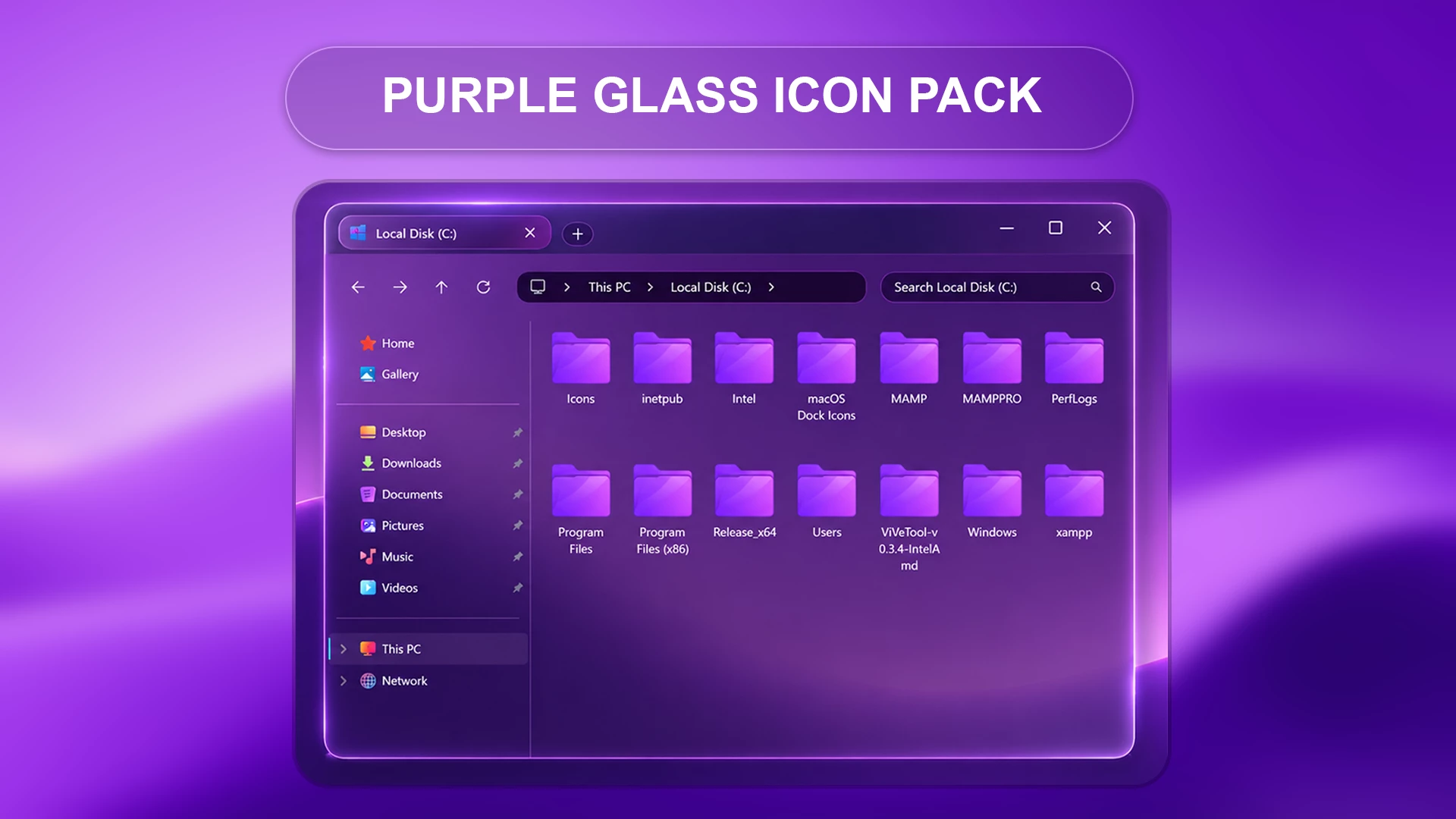 Purple Glass Icon Pack for Windows 11 1 Purple Glass Icon Pack preview for Windows 11 system icons using Windhawk resources redirect customization