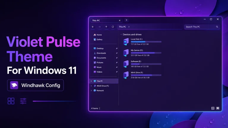 Violet Pulse Theme and Windhawk Mods for Windows 11 9 Violet Pulse Theme and Windhawk mods applied to Windows 11