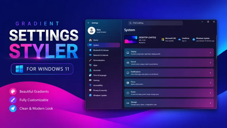 Gradient Settings Styler for Windows 11 8 Gradient Settings Styler for Windows 11 with blue purple and pink interface