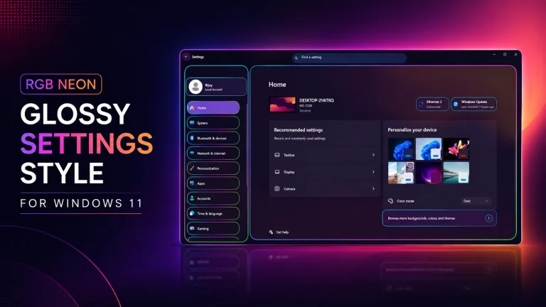 RGB Neon Glossy Settings Style For Windows 11 8 RGB Neon Glossy Settings Style for Windows 11 preview with colorful neon borders and glossy UI
