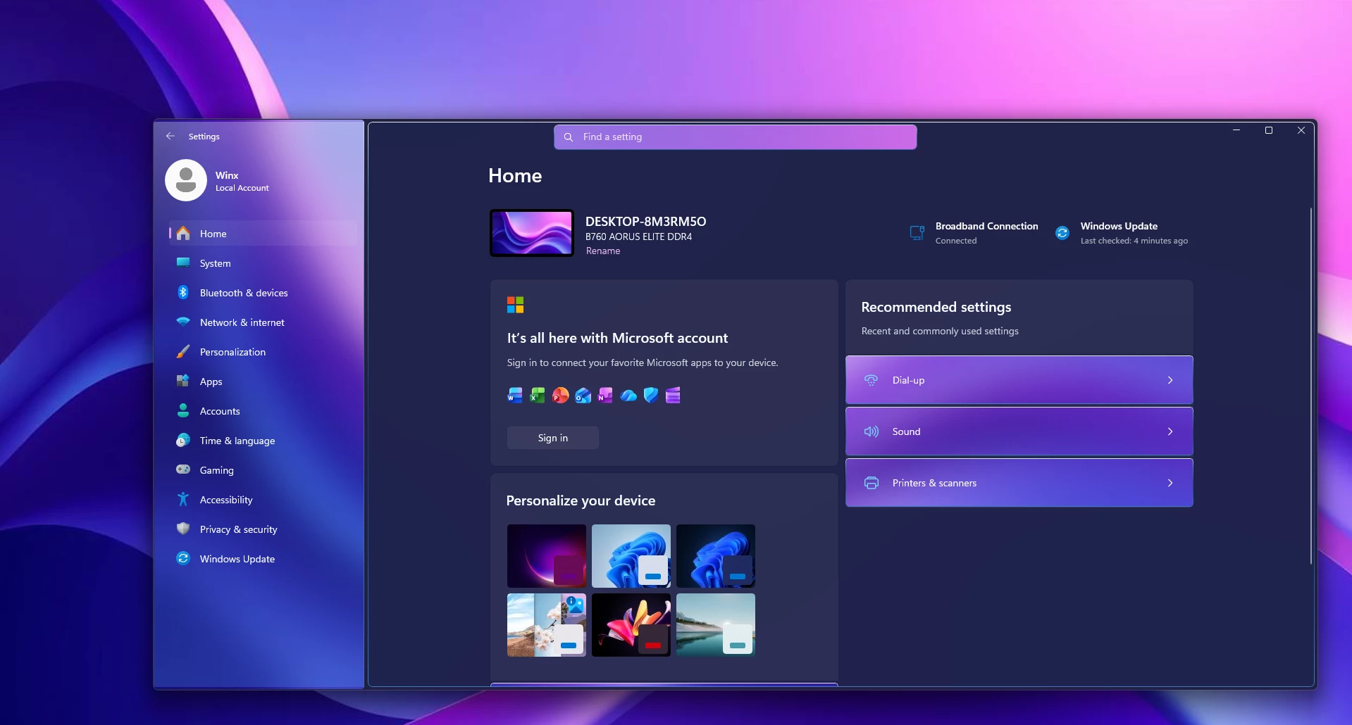 Purple glass Mid Aero Settings home screen