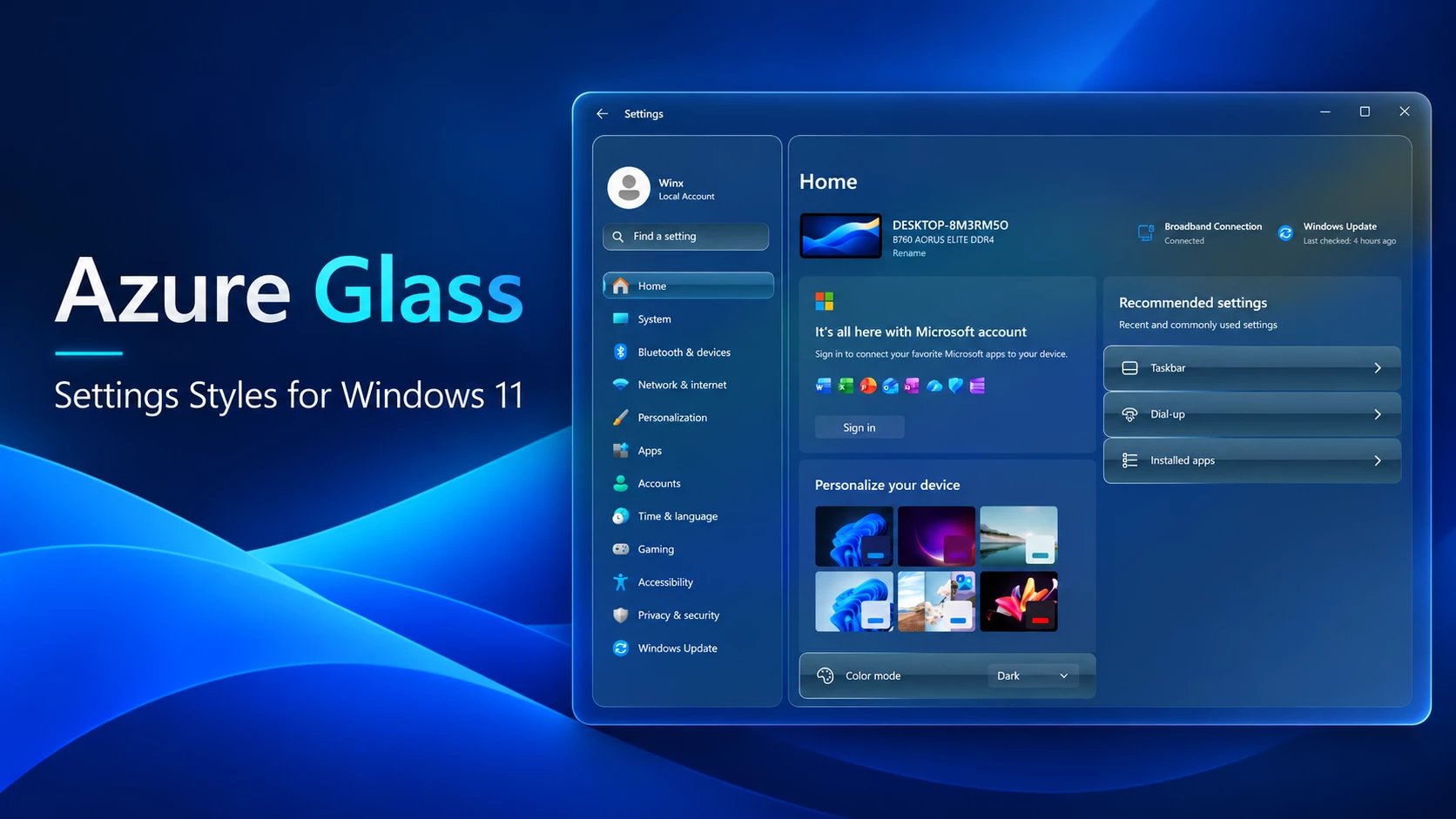 Azure Glass Settings Style for Windows 11
